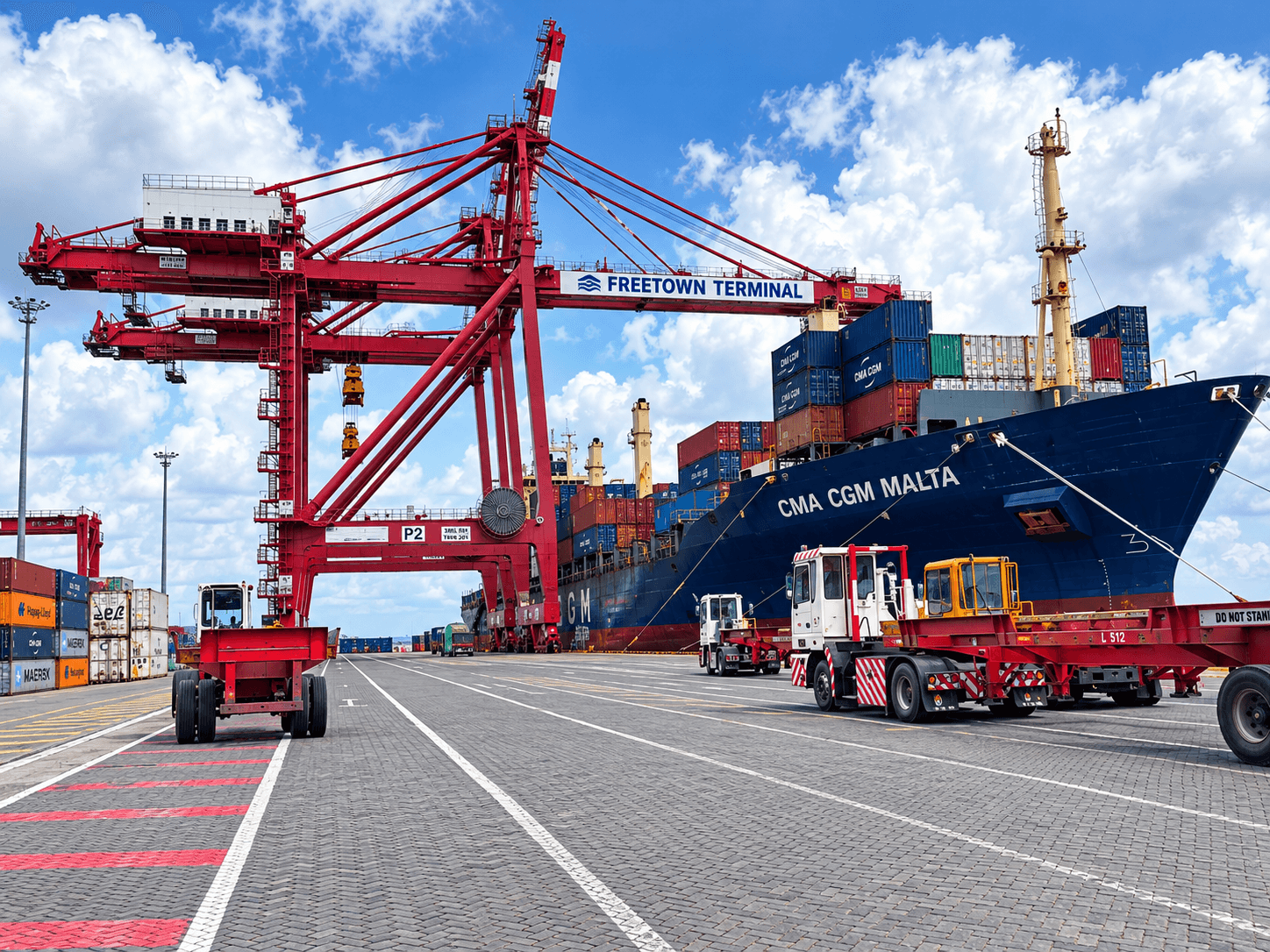 Container terminal with gantry cranes at a seaport