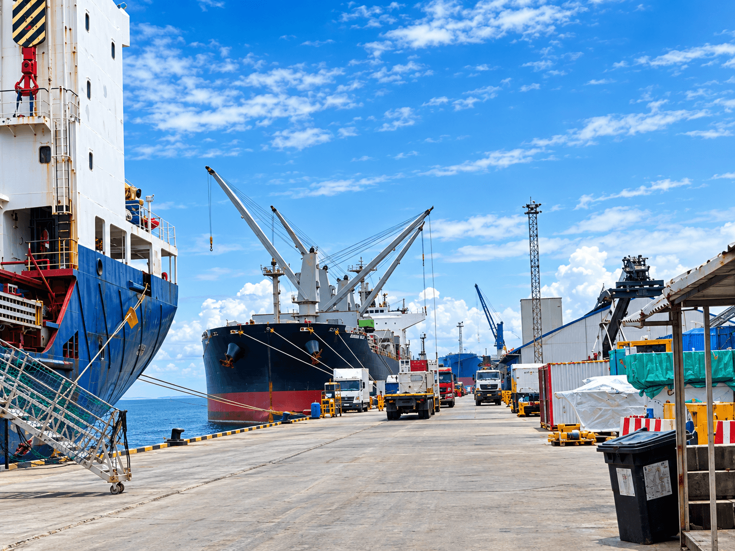 Seaport with cargo vessels at the docks